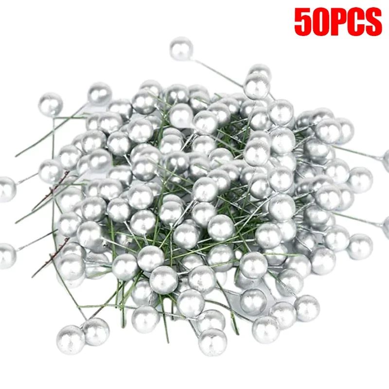 5-100Pcs Artificial Holly Berry Green Leaves Christmas Ornaments Gold Red Holly Berry Stems Xmas Tree Wreath Gifts Party Decor