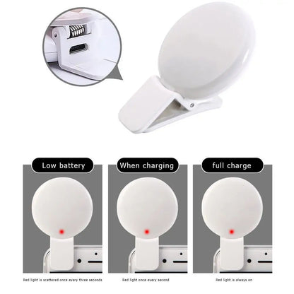 Luz de Anel LED para Celular Portátil Mini Durável Prática com Três Níveis de Brilho Fotografia em Círculo Clipe de Luz de Preenchimento