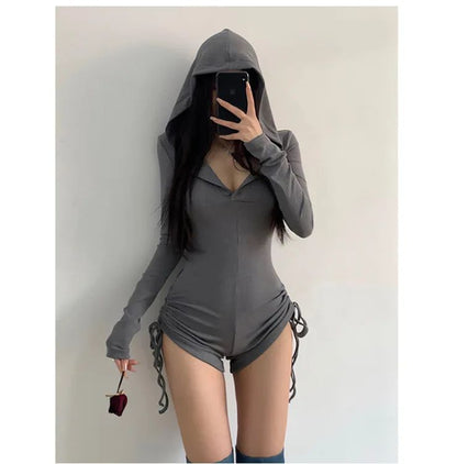 American Style Casual Hooded Jumpsuit Women's Slimming Fitness Clothes Tight High Waist Long Sleeve Yoga One-Piece Suit