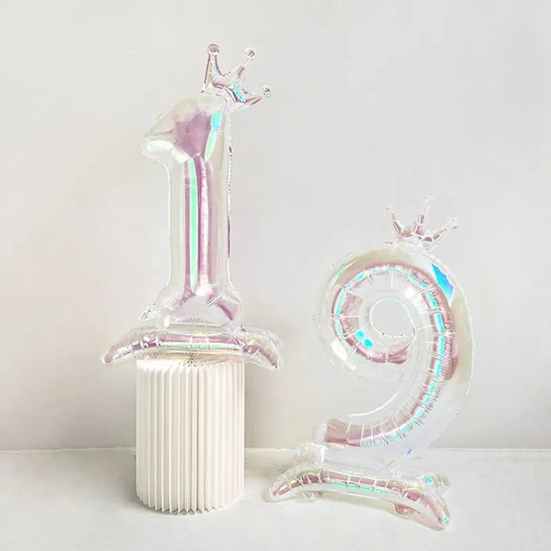 32Inch Transparent Colorful Crown Digital Aluminum Film Balloon with Base Happy Birthday Party Decor Kids Adults Baby Showers