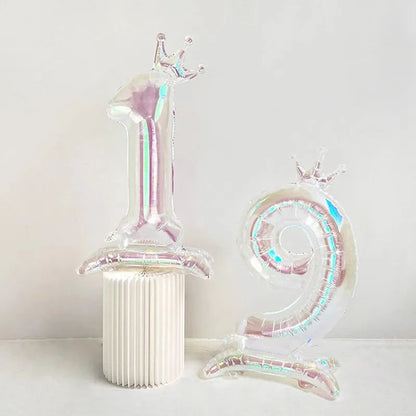 32Inch Transparent Colorful Crown Digital Aluminum Film Balloon with Base Happy Birthday Party Decor Kids Adults Baby Showers