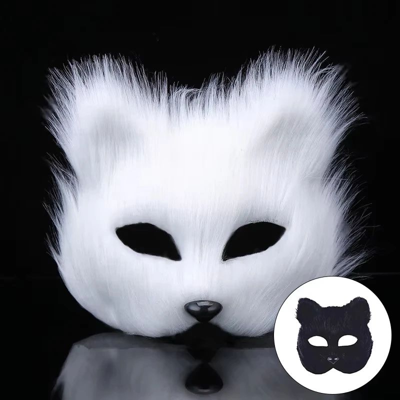 QQ Fluffy Fur and Face Mask Cosplay Halloween Fox Shape Half Face Eye Mask Sexy Cat Hair Animal Mask Christmas Carnival Party Co