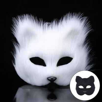 QQ Fluffy Fur and Face Mask Cosplay Halloween Fox Shape Half Face Eye Mask Sexy Cat Hair Animal Mask Christmas Carnival Party Co