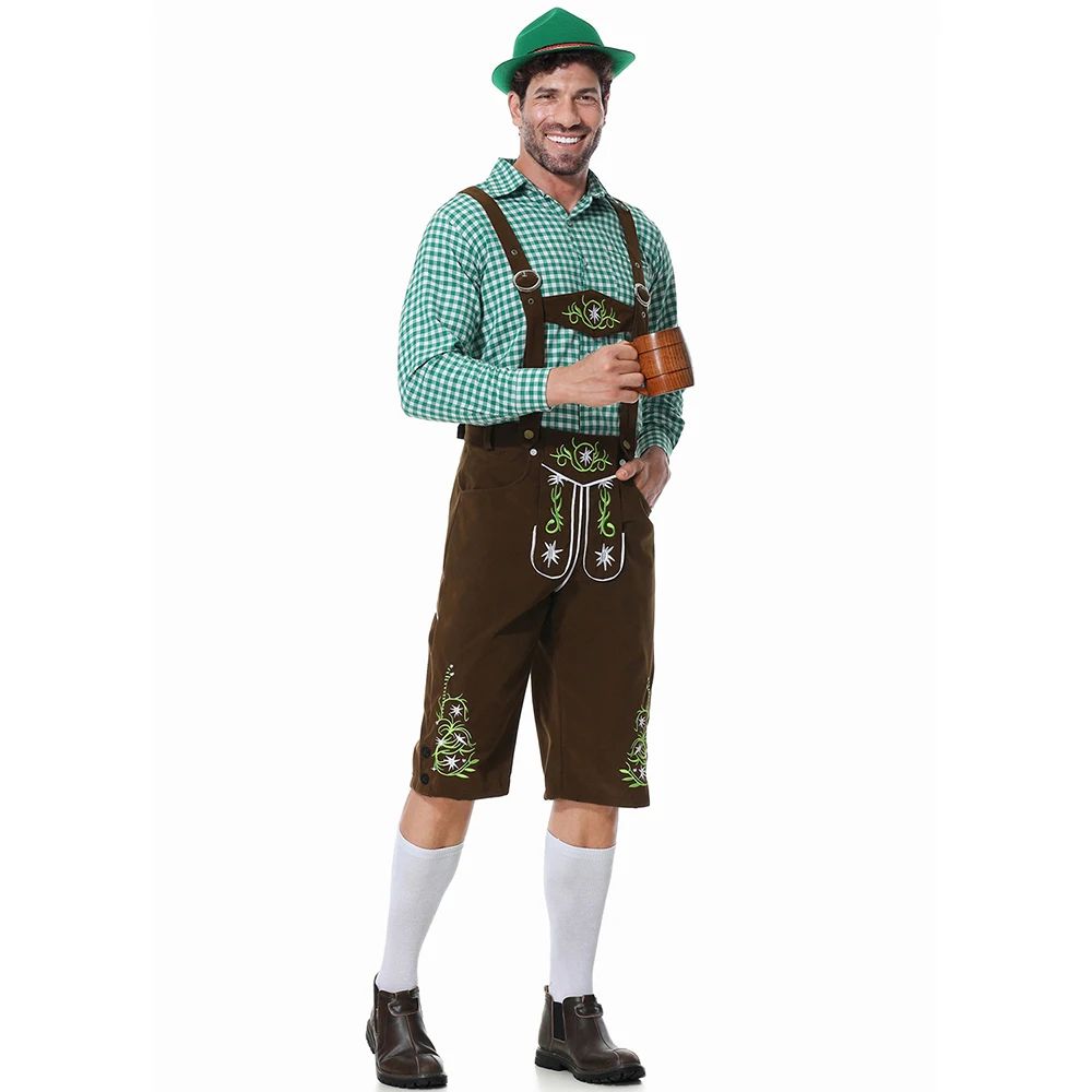 Men Traditional Bavarian Beer Shorts Outfit Overalls Shirt Hat Suspenders Set Germany Oktoberfest Costumes Halloween Costume