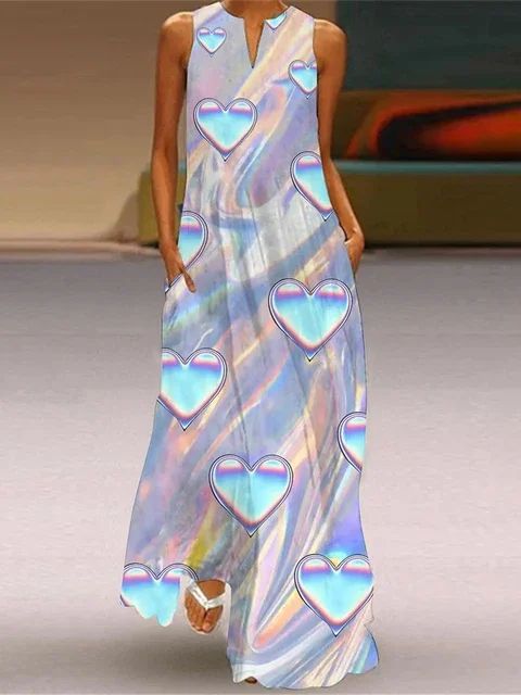 Christmas Dress For Womens Cute CartoonChristmas Element Pattern Print Maxi Dress Sexy Sleeveless V-neck Casual Long Dress Robe