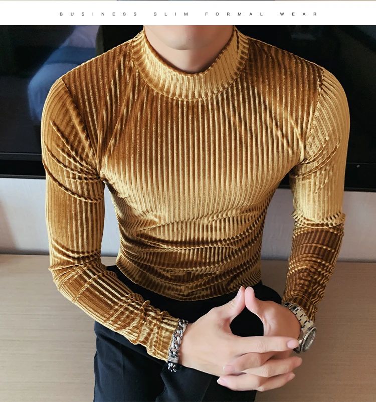 New Gold Velvet T Shirt Men Clothing Fashion Trend Male Luxury Prom Party Long-sleeved Striped Pullover Tops Homme