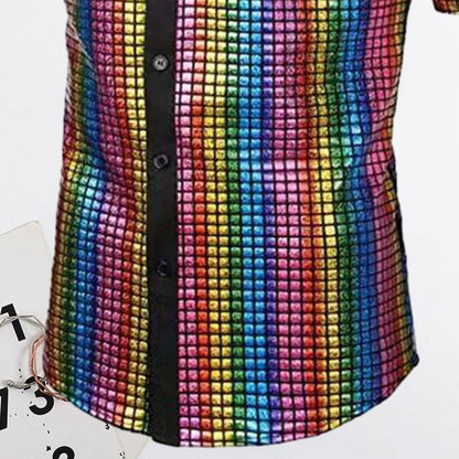 Club Sequin Shirt Mens 70s Disco Costume Vinatge Shirt Turn-down Collar Reflective Shiny Sequins Short Sleeve Button Down Shirt