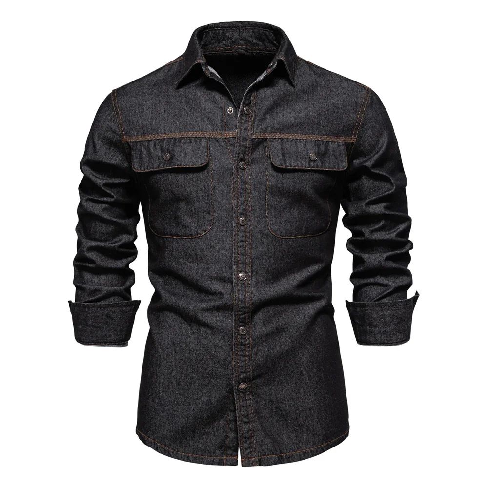 New Autumn 100% Cotton Men's Denim Shirts Solid Color Long Sleeve Cowboy Jean T-Shirt Coat Fashion Casual Fit Shirts for Men