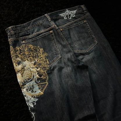 Streetwear Fashion New Pattern Embroidery Black Washed Baggy Jeans Female Y2K Gothic Hiphop Popular Casual Lovers Wide-leg Pants