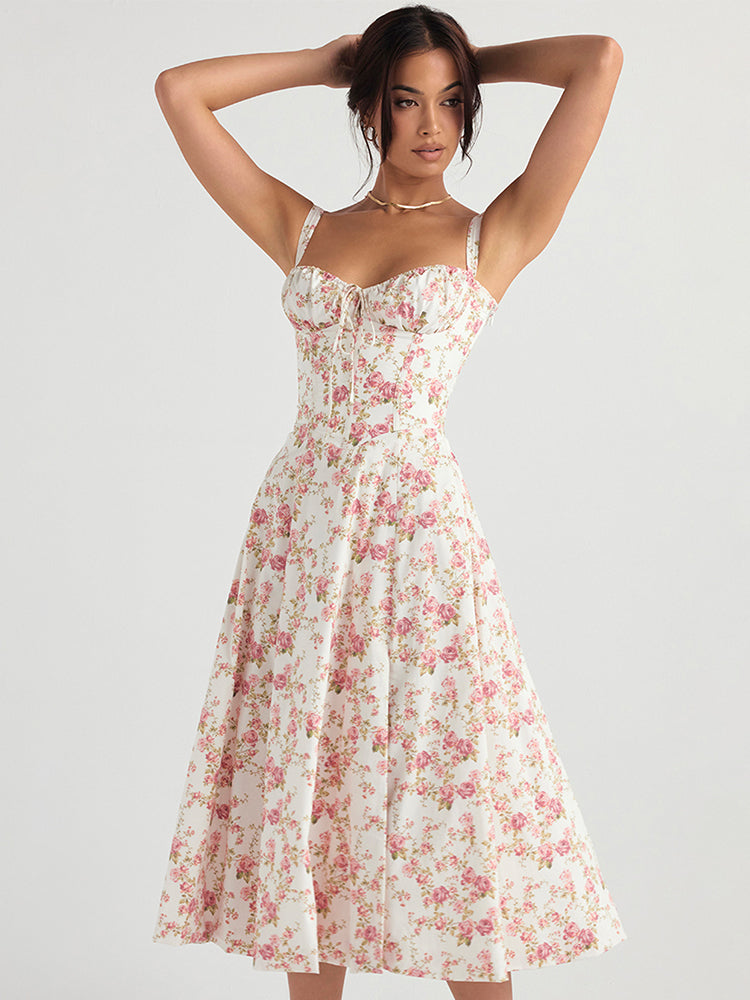 Suninheart Women's Summer Floral Print Dresses Sweet Elegant Midi Holiday Dress
