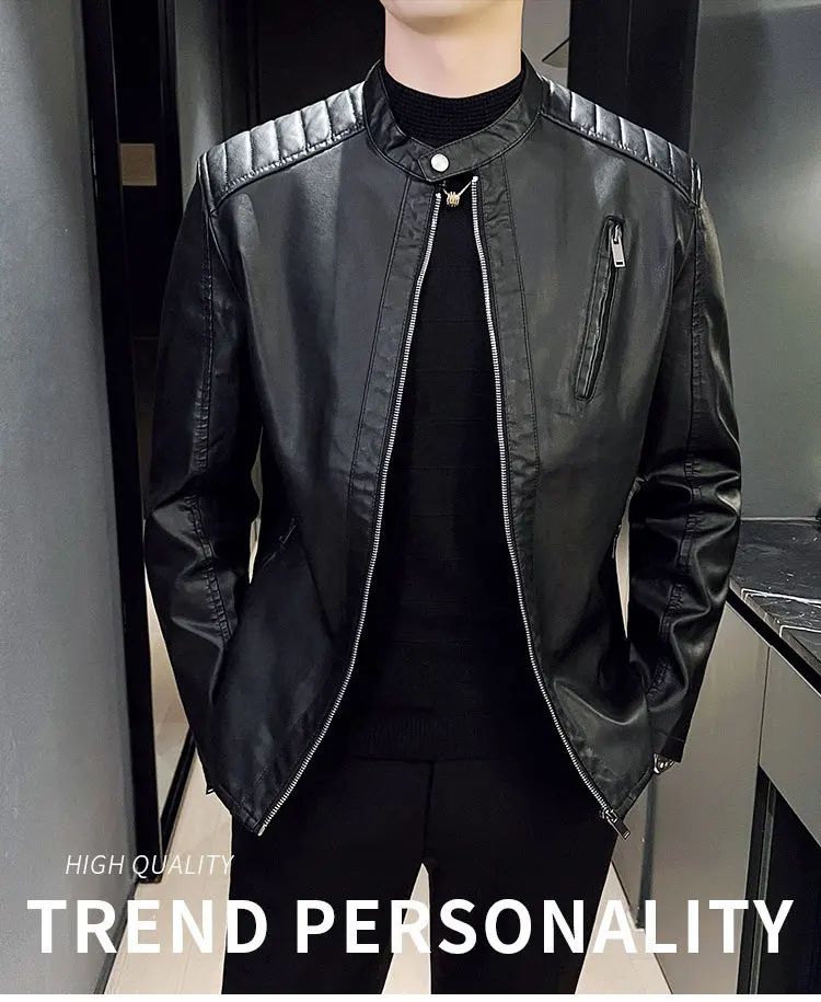 Spring and Autumn Men's Motorcycle Leather Jacket Casual Stand Collar Solid Color White Black Leather Jacket Zip Up PU Coat