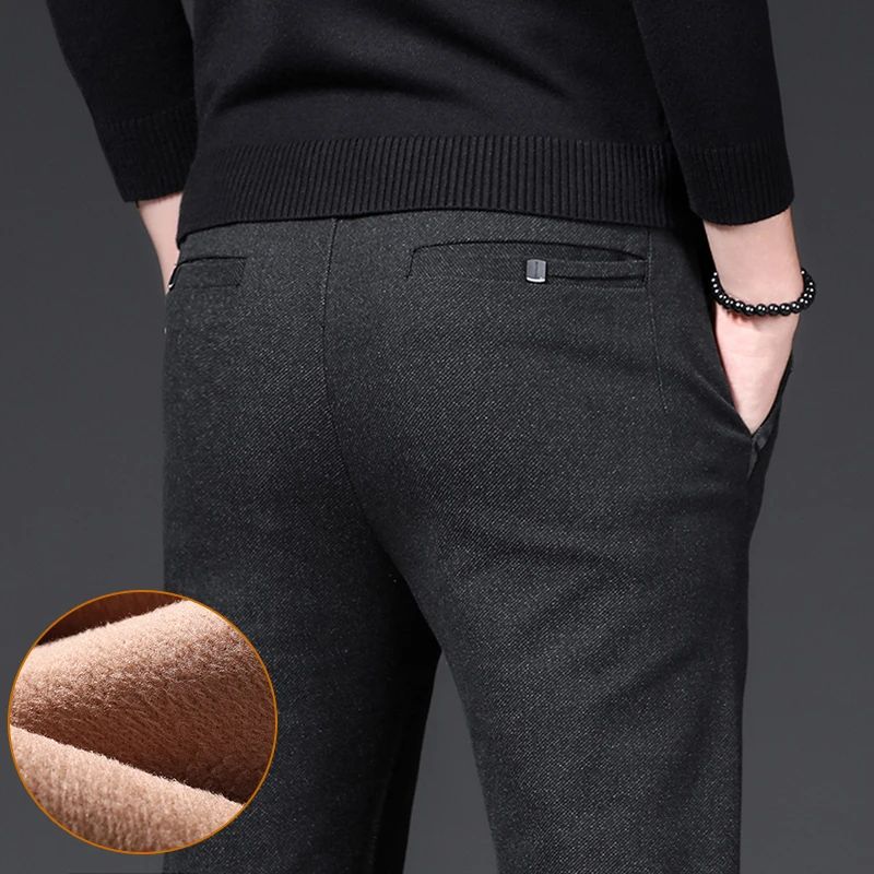 Winter Plush Trousers Men Business Fleece Pants Fashion Warm Drawstring Velvet Thick Casual Stretch Male Clothes 28-29