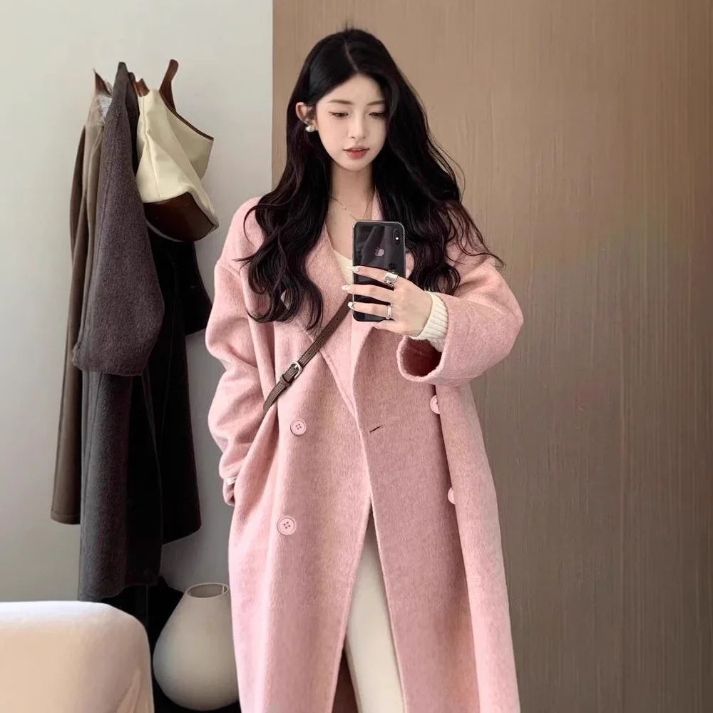 Oatmeal Color Woolen Coat Women's Loose Mid-Length Korean Style Autumn Winter New Arrival Fashion Outerwear Pure Color Full Slee