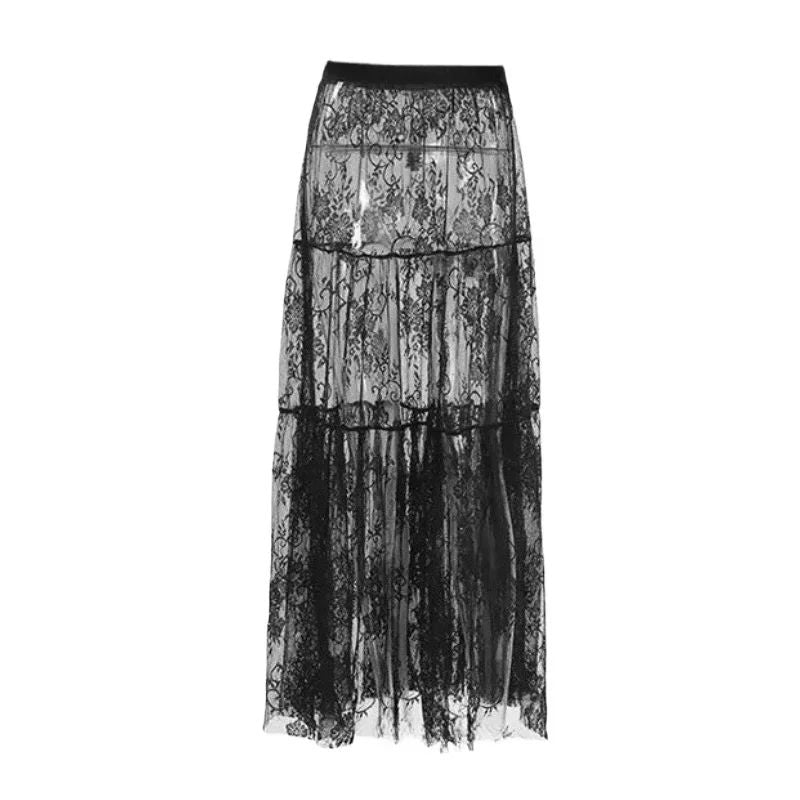 Lace Jacquard Transperant Skirt Women Summer New High Waist Sexy Casual Long Skirts 2025 Streetwear Fashion Black Maxi Skirt