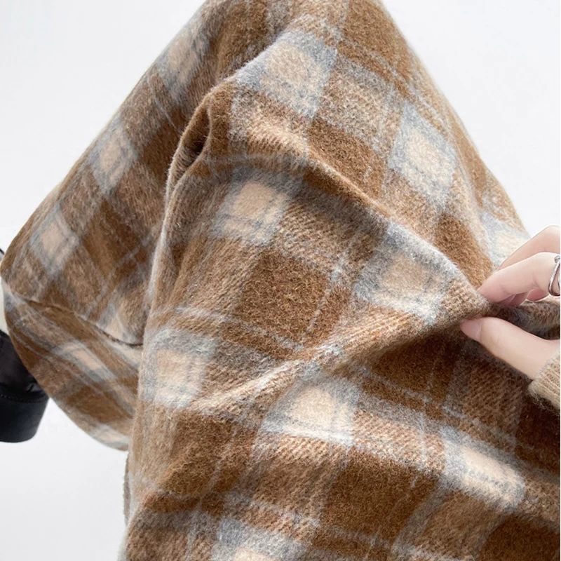 2025 Autumn Vintage Woolen Plaid Skirts Lady Elegant High Waist Slimming A-Line Skirt Women Korean Streetwear Slit Long Skirt