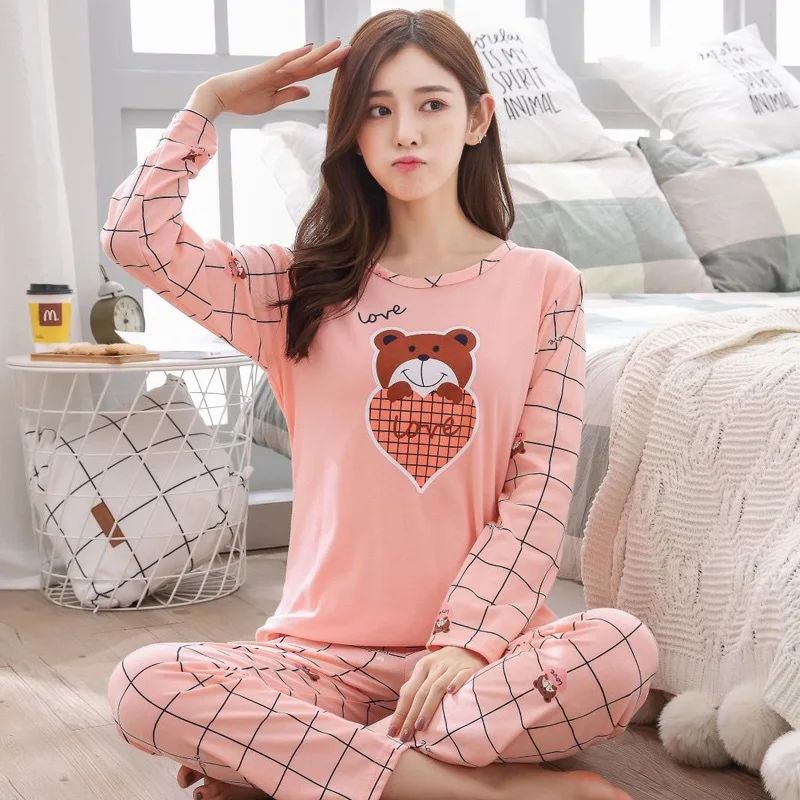 Autumn Thin 2pieces Pyjamas Set Women 2025 Round Neck Girls Bear Pajamas Sets Teacup Cat Full Sleepwear Tops lovers Pajama Mujer