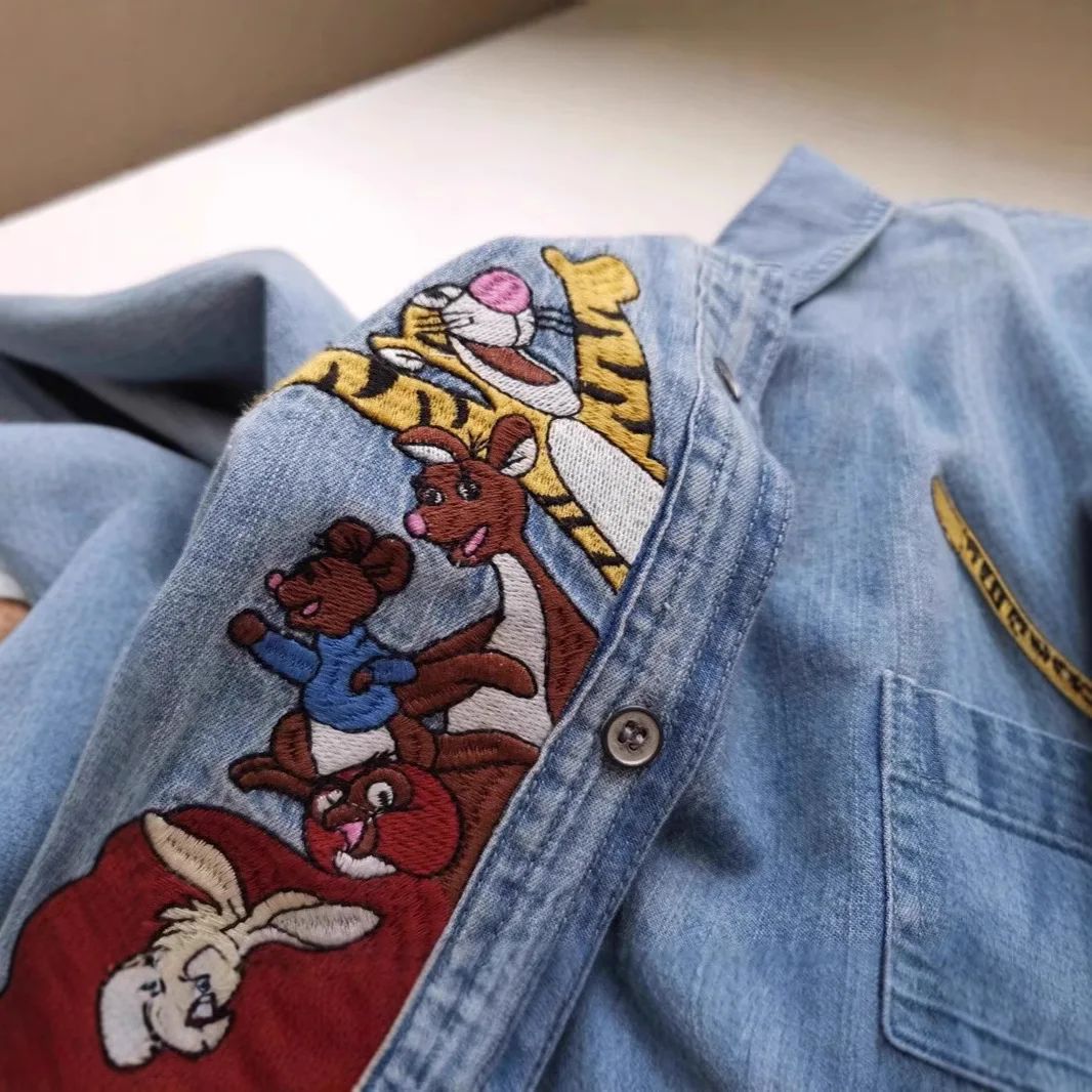Plus Size 300 Pounds Fat MM Cartoon Embroidery Washed Denim Polo Collar Loose Meat Covering Women's Shirt Autumn Outerwear
