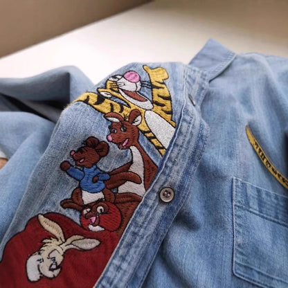 Plus Size 300 Pounds Fat MM Cartoon Embroidery Washed Denim Polo Collar Loose Meat Covering Women's Shirt Autumn Outerwear