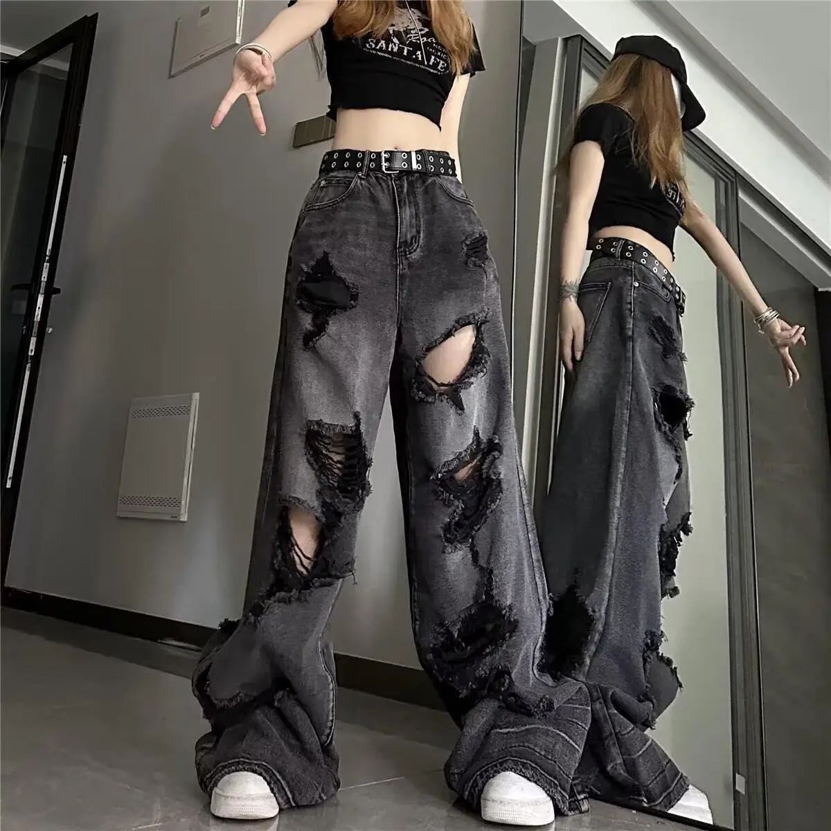 Unique Cool Ripped Jeans Women's Summer Distressed American Style Bell Bottoms Loose Fit Versatile Straight Leg Long Pants