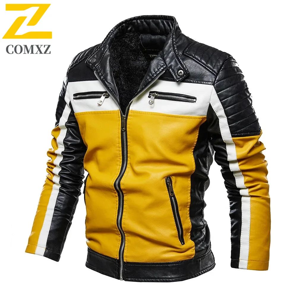 Men Yellow PU Leather Jacket Patchwork Biker Jackets  Casual Zipper Coat Male Motorcycle Jacket Slim Fit Fur Lined Outwear Coat