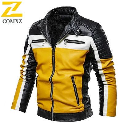 Men Yellow PU Leather Jacket Patchwork Biker Jackets  Casual Zipper Coat Male Motorcycle Jacket Slim Fit Fur Lined Outwear Coat
