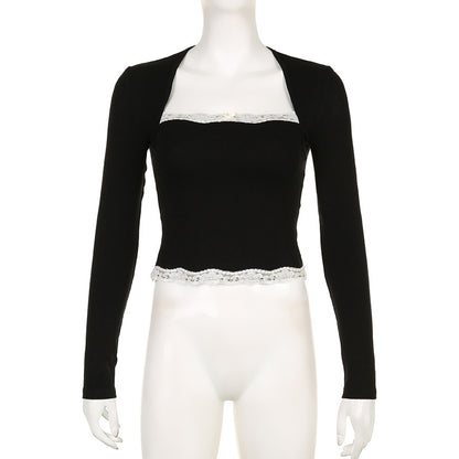 Women Spring Autumn Tops Lace Trim Square Neck Long Sleeve Slim Fit Blouse Gothic Grunge Shirts Y2K Aesthetic Kawaii Clothes