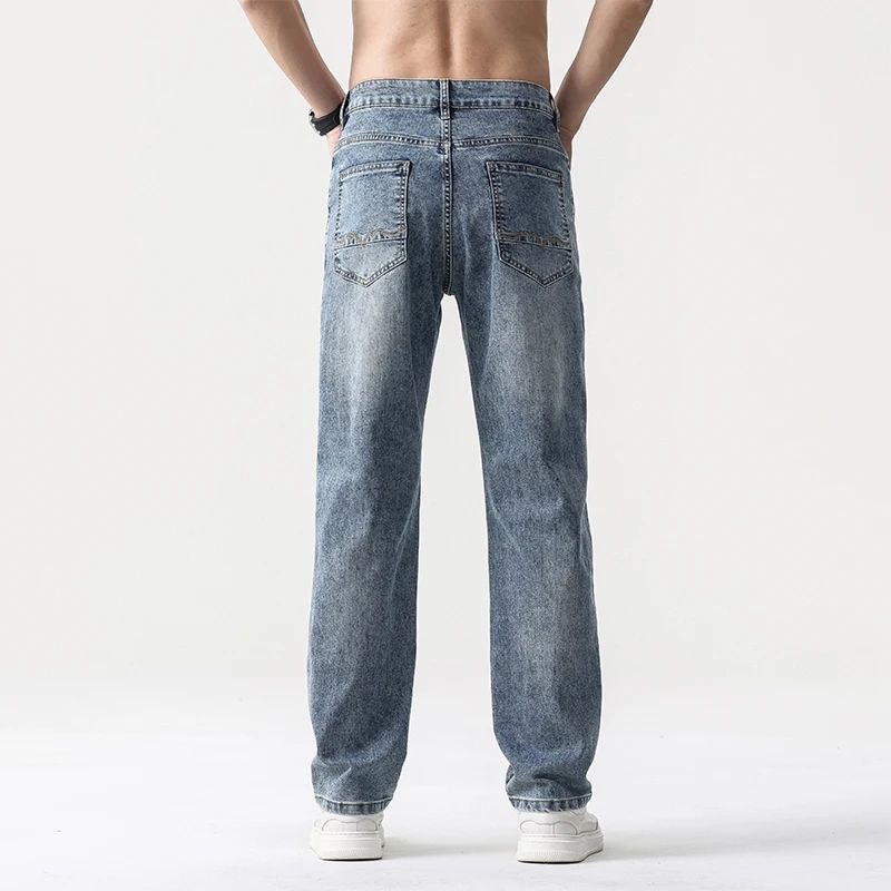Calça Jeans Masculina Clássica Solta Reta Wide Leg de Sarja Lavada de Alta Qualidade Masculina Fina Fresca Elástica Masculina Casual de Caimento Regular