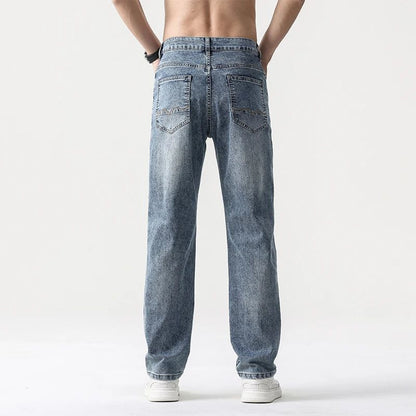 Calça Jeans Masculina Clássica Solta Reta Wide Leg de Sarja Lavada de Alta Qualidade Masculina Fina Fresca Elástica Masculina Casual de Caimento Regular