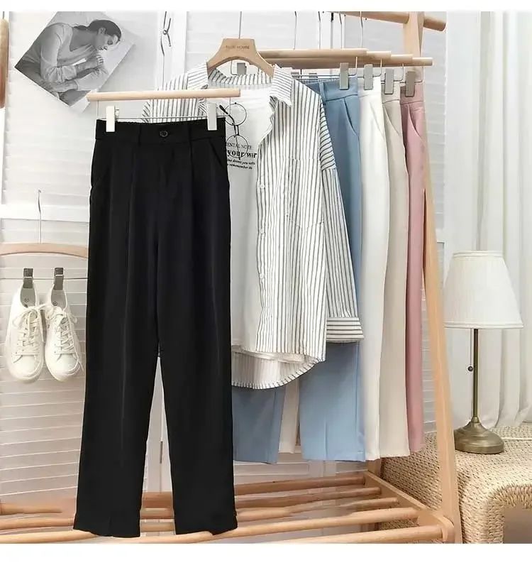 Fashion Elastic High Waist Suit Pants Women Fall Spring Casual Loose Straight Black Trouser Office Ladies Nine Points Streetwear