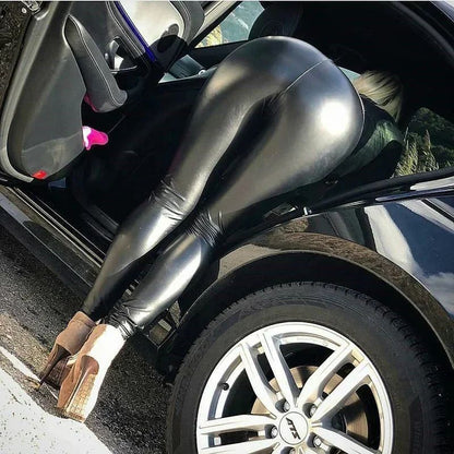 Sexy Black PU Leather Tights Women High Waist Pants High Elastic Slim Fashion Hi