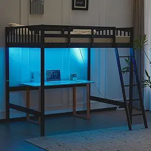 Loft Bed Full Size with USB Charging Station/LED, Solid Wood Double Loft Bunk Bed with Flat Rungs for Kids/Teens/Adults, 15 inc