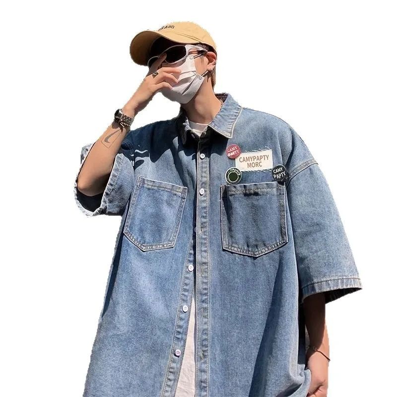 Retro Japanese Style Pocket Badge Denim Short Sleeve Casual Shirt Men's Loose Collar Jacket Trendy Summer Clothing