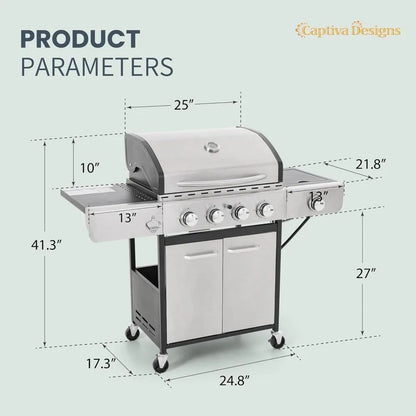 4-Burner Propane Gas BBQ Grill with Side Burner & Porcelain-Enameled Cast Iron Grates,Patio Backyard Barbecue