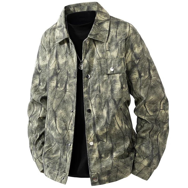Jaqueta corta-vento, moderna, casual, versátil, casaco comprido, tie-dye, jaqueta de pesca, jaqueta de voo americana retrô, jaqueta jovem