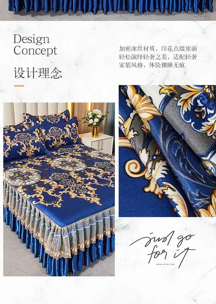 Kit 3 Peças de Lençol de Casal com Renda Clássica Azul Royal, Saia para Cama, Colcha de Casamento Lavável à Máquina, Capa de Colchão