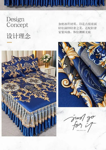 Kit 3 Peças de Lençol de Casal com Renda Clássica Azul Royal, Saia para Cama, Colcha de Casamento Lavável à Máquina, Capa de Colchão