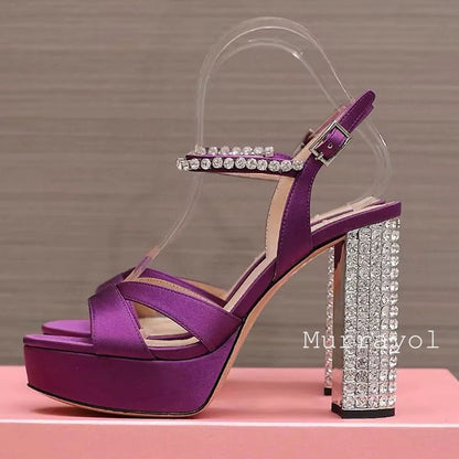 Women Open Toe Rhinestone High Heels Sandals Satin Waterproof Platform Sandalias Summer Party Dress Shoes Pumps Wedding Shoes
