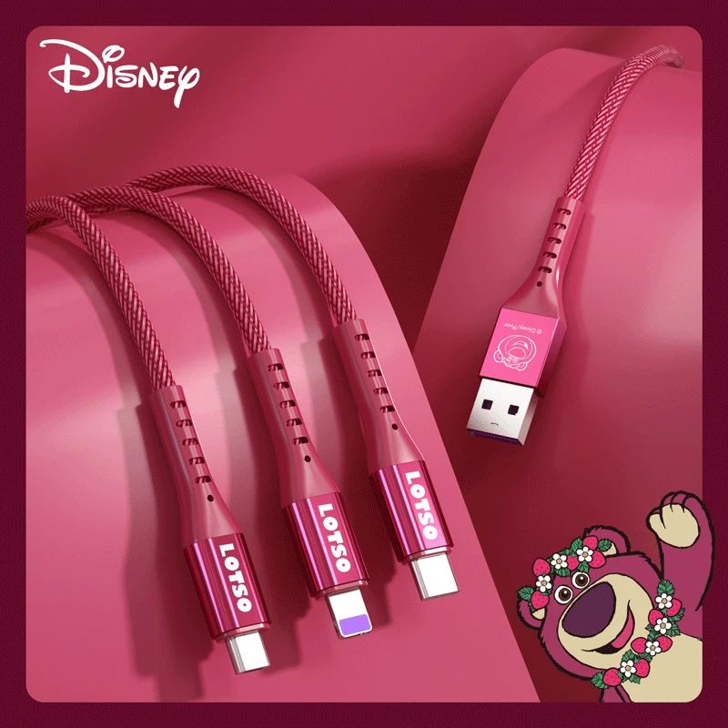 Cabo de Carregamento 3 em 1 Disney Cabo de Dados de Carregamento Rápido Morango Ursinho Pooh Frozen para Micro Tipo-c Carregador USB Lightning
