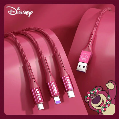 Cabo de Carregamento 3 em 1 Disney Cabo de Dados de Carregamento Rápido Morango Ursinho Pooh Frozen para Micro Tipo-c Carregador USB Lightning