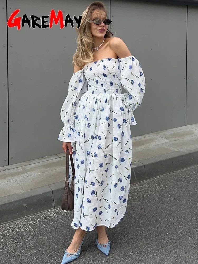 Women's Summer Cotton Dress 100% Elegant Ruffle Midi Floral Print Dress with Sid