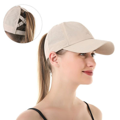Boné de Beisebol de Verão Cor Sólida Roupa de Golfe Feminina Esporte Lazer Boné Cruzado com Rabo de Cavalo Chapéu de Malha Secagem Rápida Meio-Oco Boné Masculino com Aba Curva