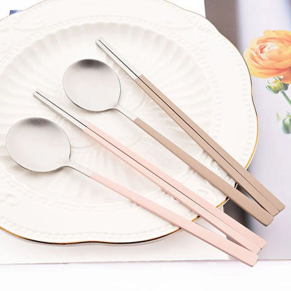 2Pcs Sushi Chopsticks Spoon Flatware Set Korean Colorful Silver Matte Tableware Stainless Steel Cutlery Set Spoon Dinnerware Set