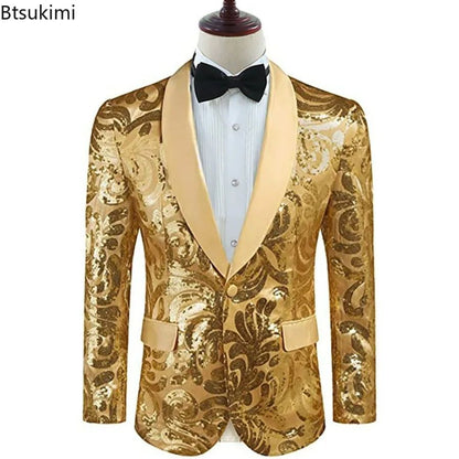 2025 Men's Shiny Gold Sequins Blazer Stylsih Shawl Collar One Button Tuxedo Floral Suit Jacket Party Wedding Groom Costume Homme