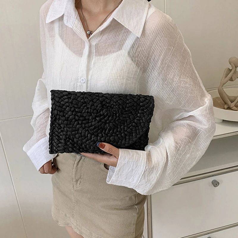 Corn Husk Weave Dinner Clutch Bag Women's Fashion Simple Solid Straw Large Purse Woman Summer Casual Vacation Ladies Wallet 2024