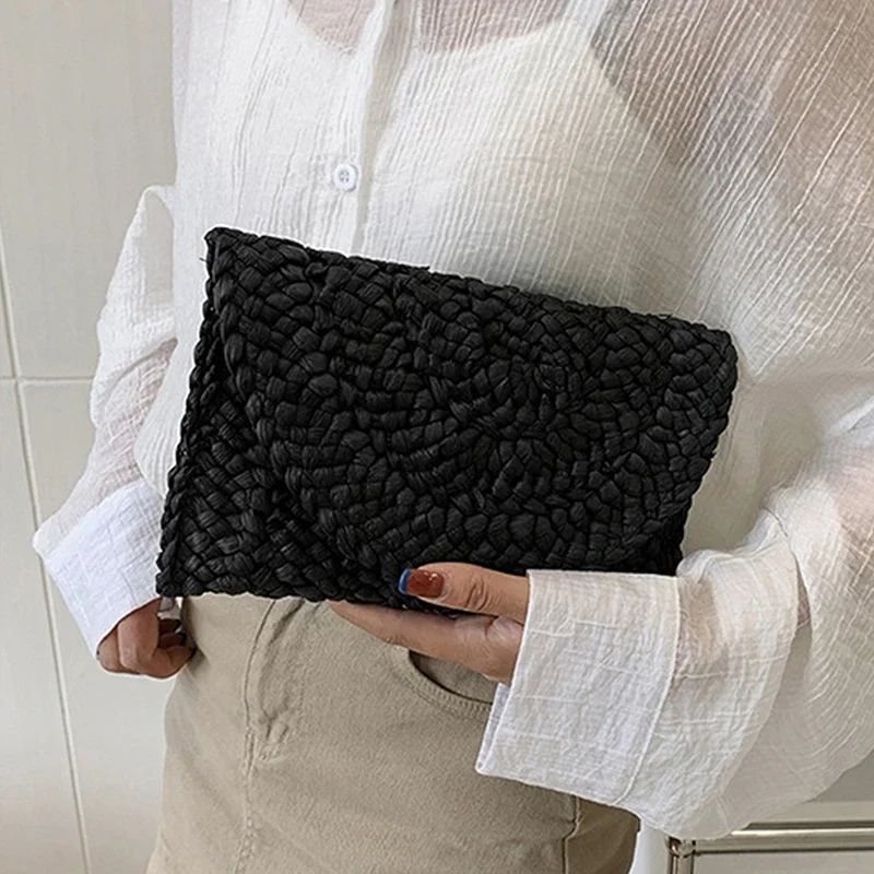 Fashionable Corn Husk Straw Bags Hand-woven Women Clutch Envelope Handbag Long Purse for Female Summer Beach Bag Bolsa 2024