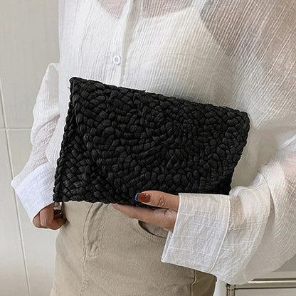 Fashionable Corn Husk Straw Bags Hand-woven Women Clutch Envelope Handbag Long Purse for Female Summer Beach Bag Bolsa 2024