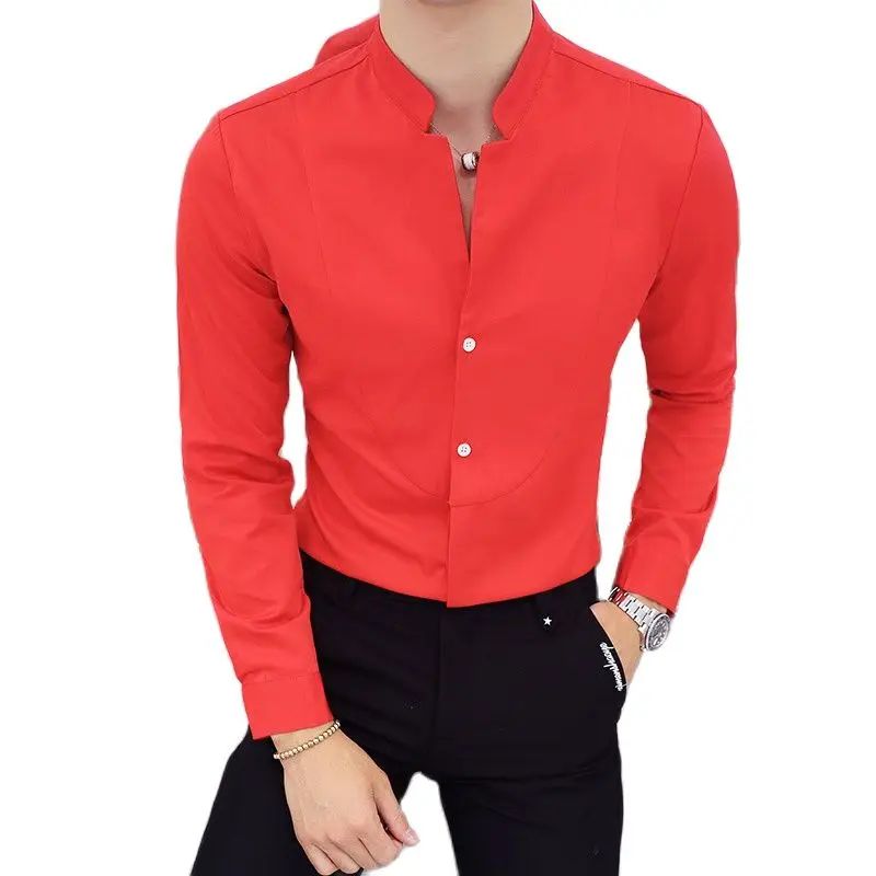 Black Men Long Sleeve Shirt, White Single Breasted Collar Stretch Shirts, Red Fashion Slim Top,Asian Size M-5XL(Korean Slim Fit)