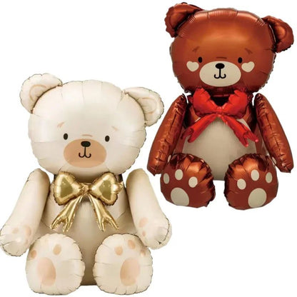 Cartoon 3D Matte Seated Bear Aluminum Foil Balloon with Button Bow Baby Shower Birthday Wedding Party Decorations Kids Gift Toys
