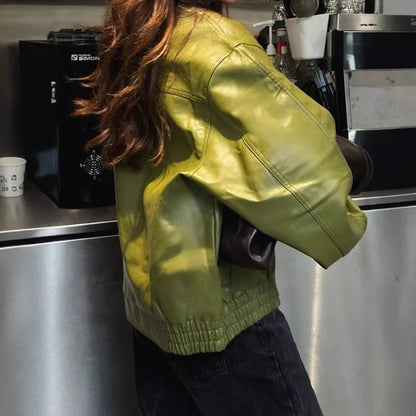 Olive Green Leather Jacket Coat Silhouette Vintage High Street Trend Zipper Lapel Short Overcoat Loose Casual Top Outwear Autumn
