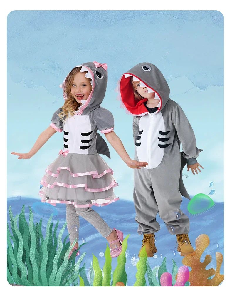 Shark Costume Boys Girls Grey Shark Cosplay Ocean Animal Theme Party Halloween Carnival Dress Kids Game Play Stage Performance